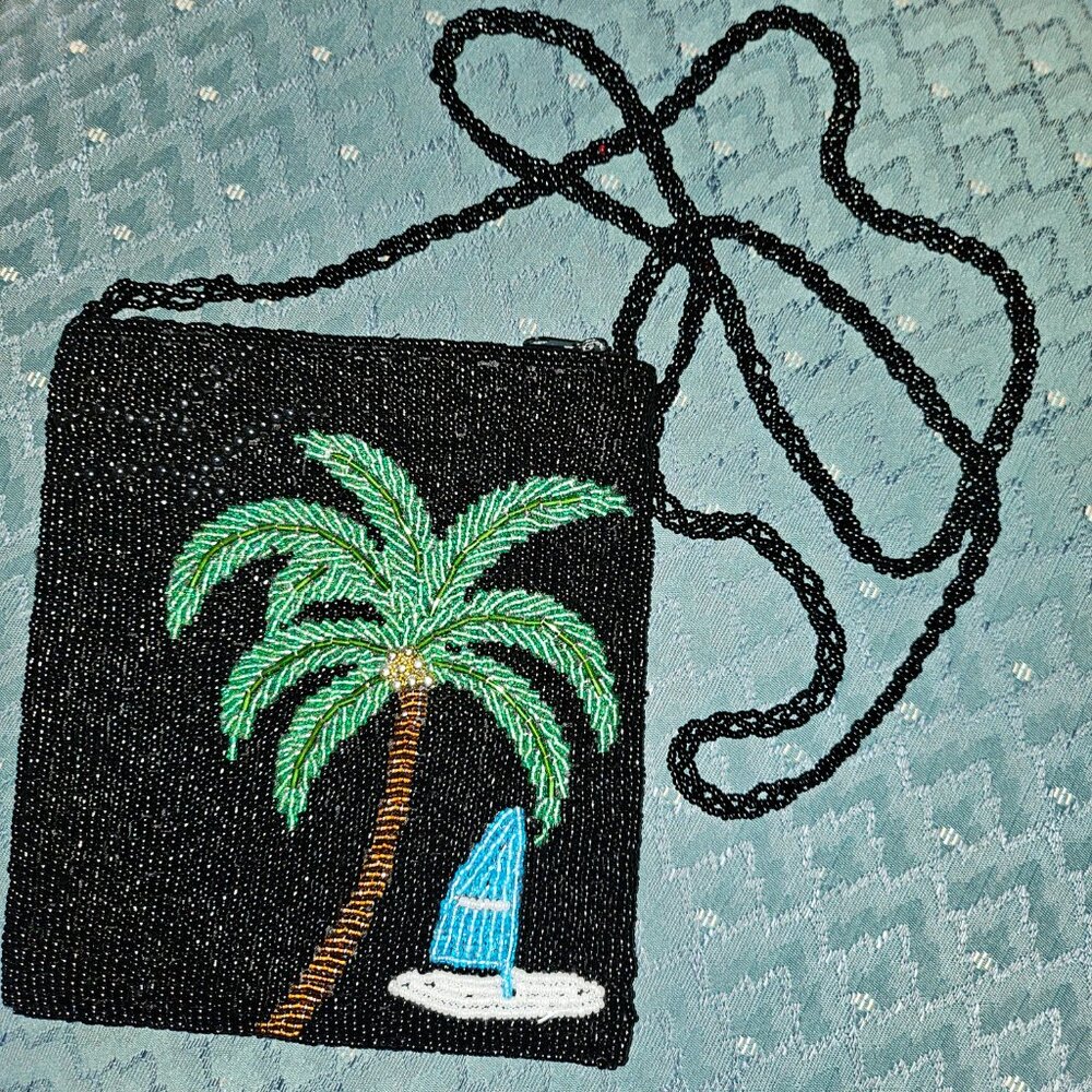 ERMO COLLECTION BEADED CROSSBODY BAG FEATURING PALM TREE and SAILBOAT MOTIF - Picture 2 of 8